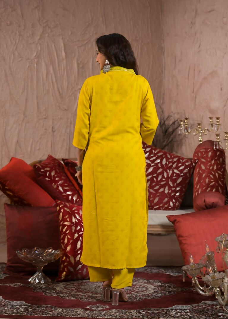Festive Ethnic Viscose Chanderi Yellow Stitched Suit With Dupatta - Rashmika | Grocsy