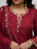 The52 Women's Beautiful Embroidery Work Roman Silk Fabric Straight Kurta Pant and Dupatta Set-Maroon | Grocsy