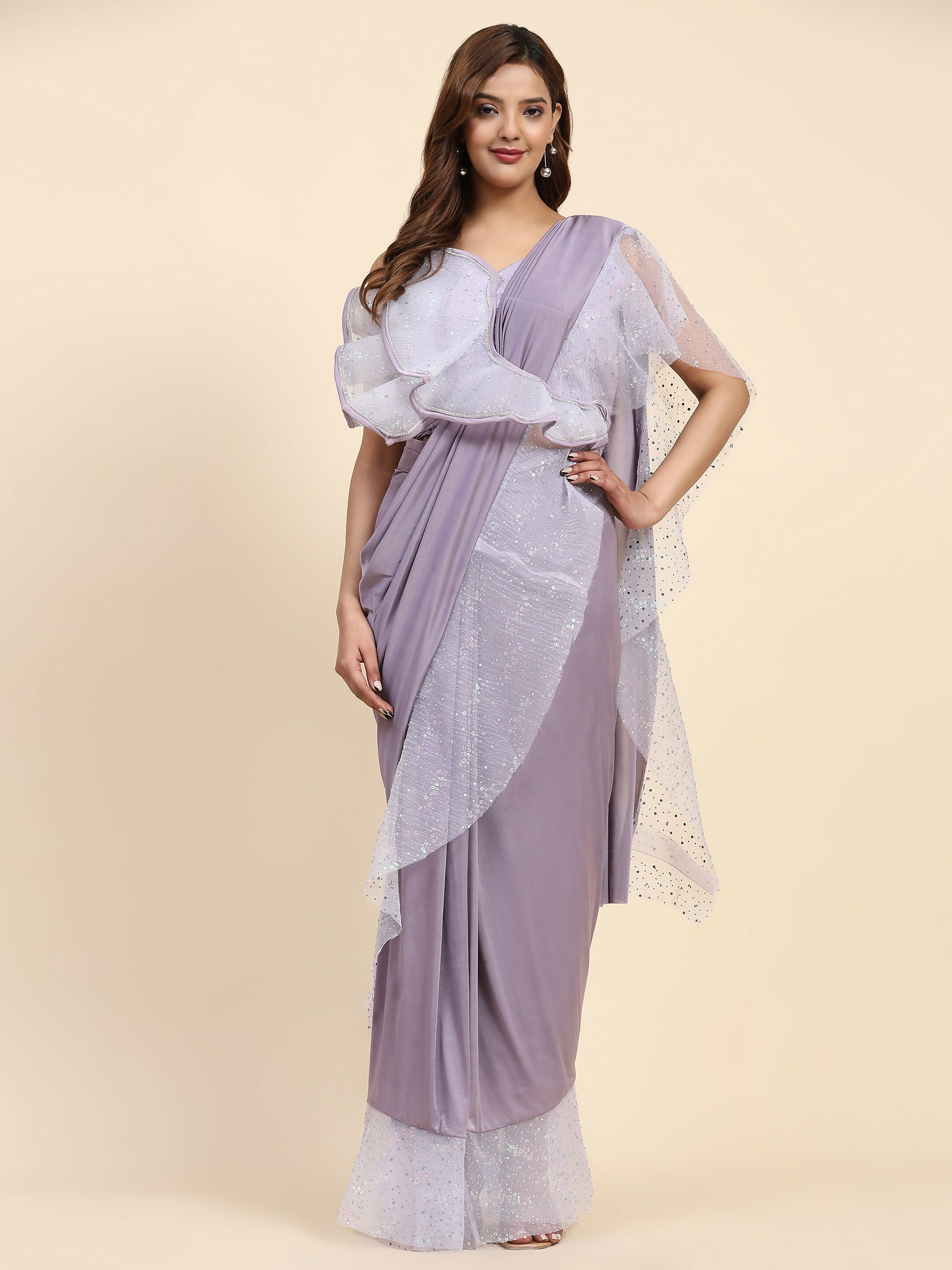 Light Purple Lycra Solid Ready to Wear Saree with stitched Blouse - Nita | Grocsy