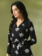 Myshka Women's Black Printed Polo Collar Party Top With Trousers Co-ord set | Grocsy