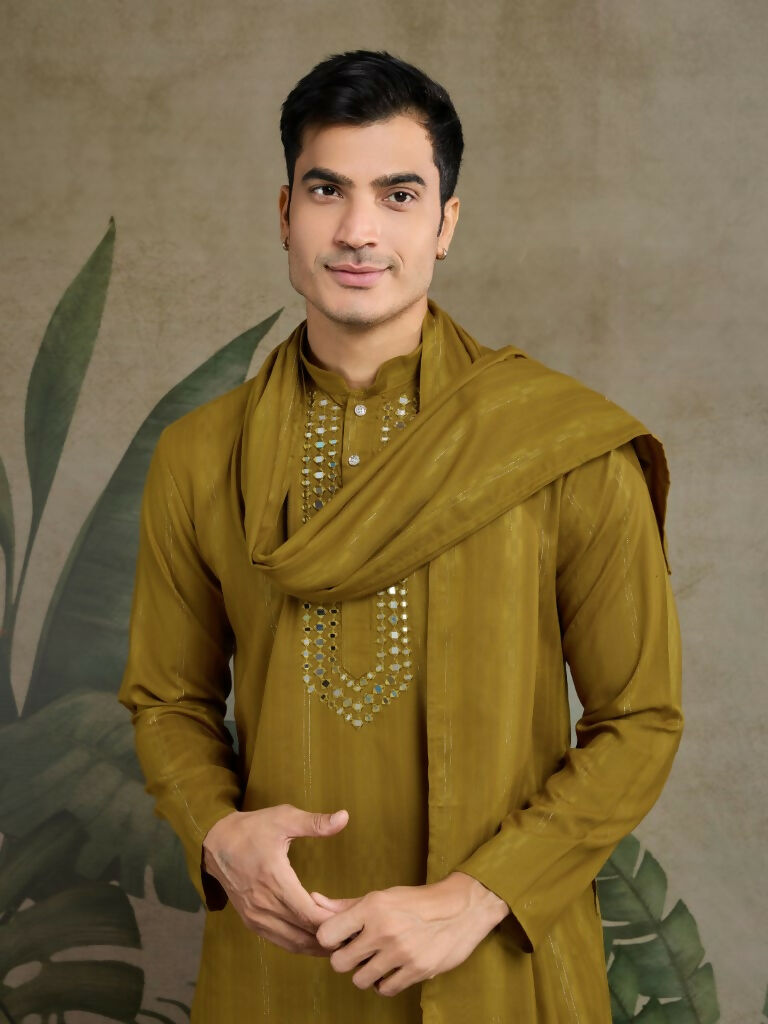 Vastranavya Rust Yellow Exclusive Viscose Rayon Festival Wear Real Mirror Work Kurta with Dupatta | Grocsy