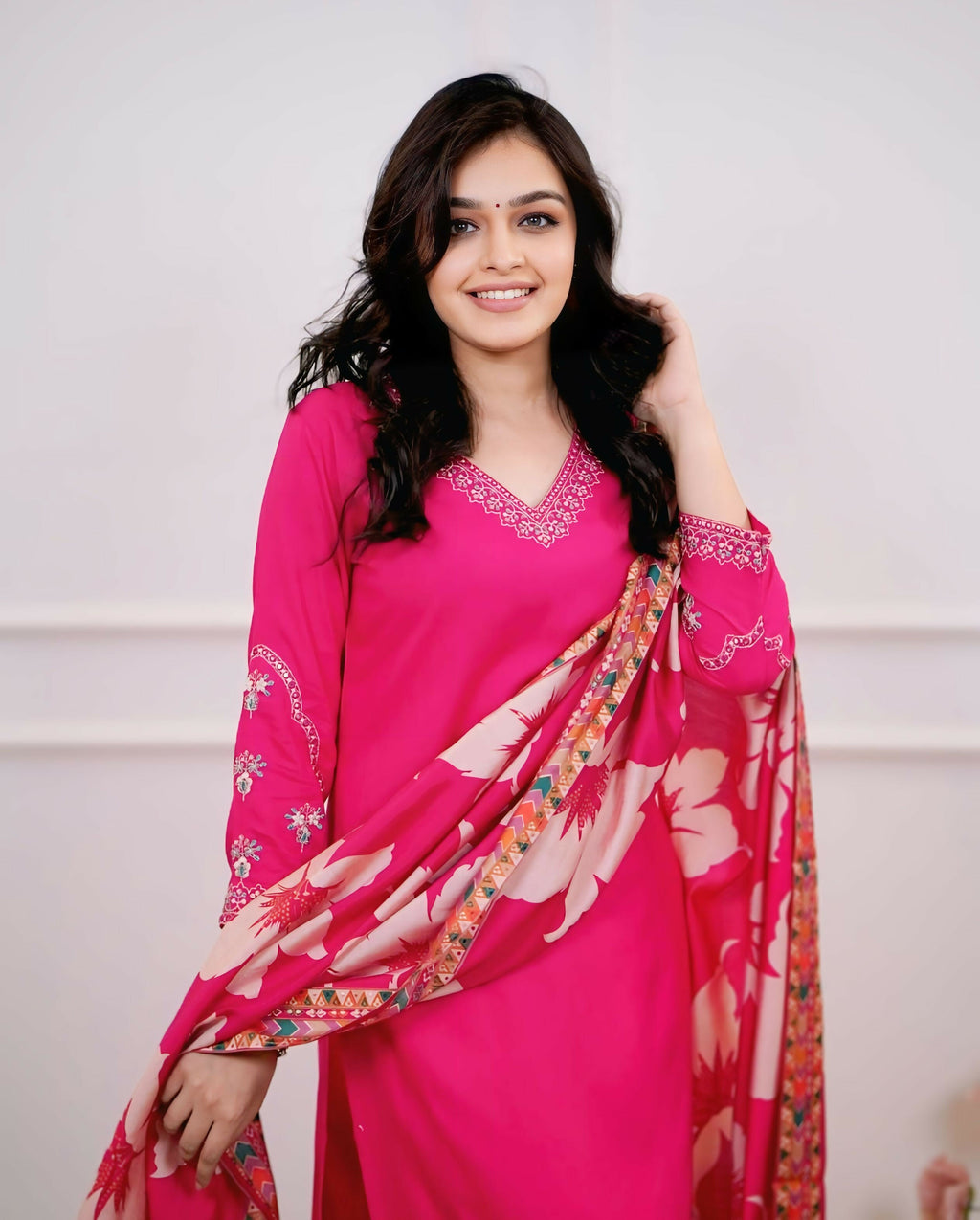 The52 Pink Women's Beautiful Viscose Silk Fabric Embroidered Work Straight Kurta Pant and Dupatta Set | Grocsy