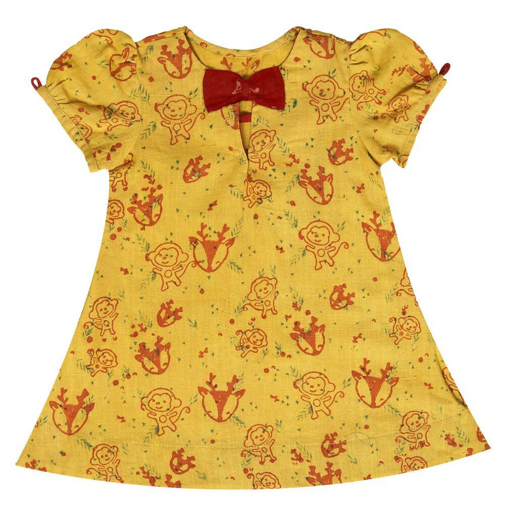 Mhyssa Puffed Sleeves A line Yellow and Red Printed Frock | Grocsy