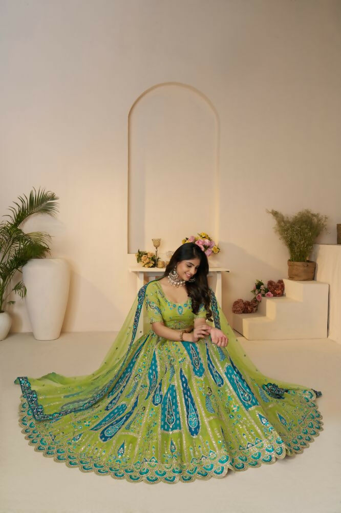 Kesar Fab Green Banarasi Silk Embroidered Lehenga | Grocsy