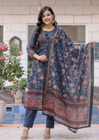 Kaajh Women's Navy Blue Digital Print Flora Chanderi Kurta Pant Set With Dupatta | Grocsy