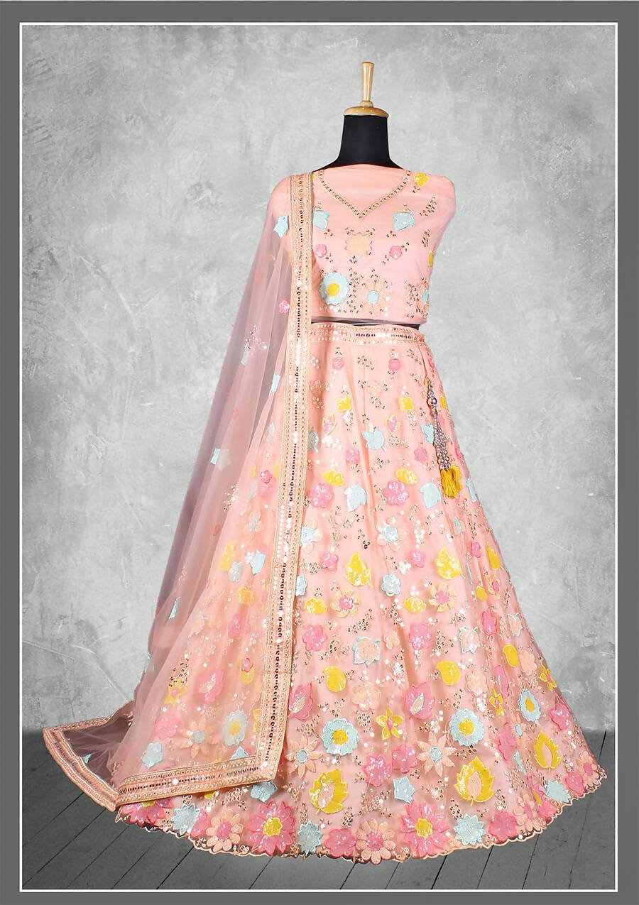Peach Net, Satin Silk Cord And Sequins Floral Embroidery Semi-Stitched Lehenga Choli - Nimaya Kangan | Grocsy