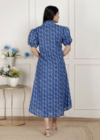 Miravan Womens Floral Print Blue Collar-Neck Puff Sleeves A-Line Maxi Dress | Grocsy
