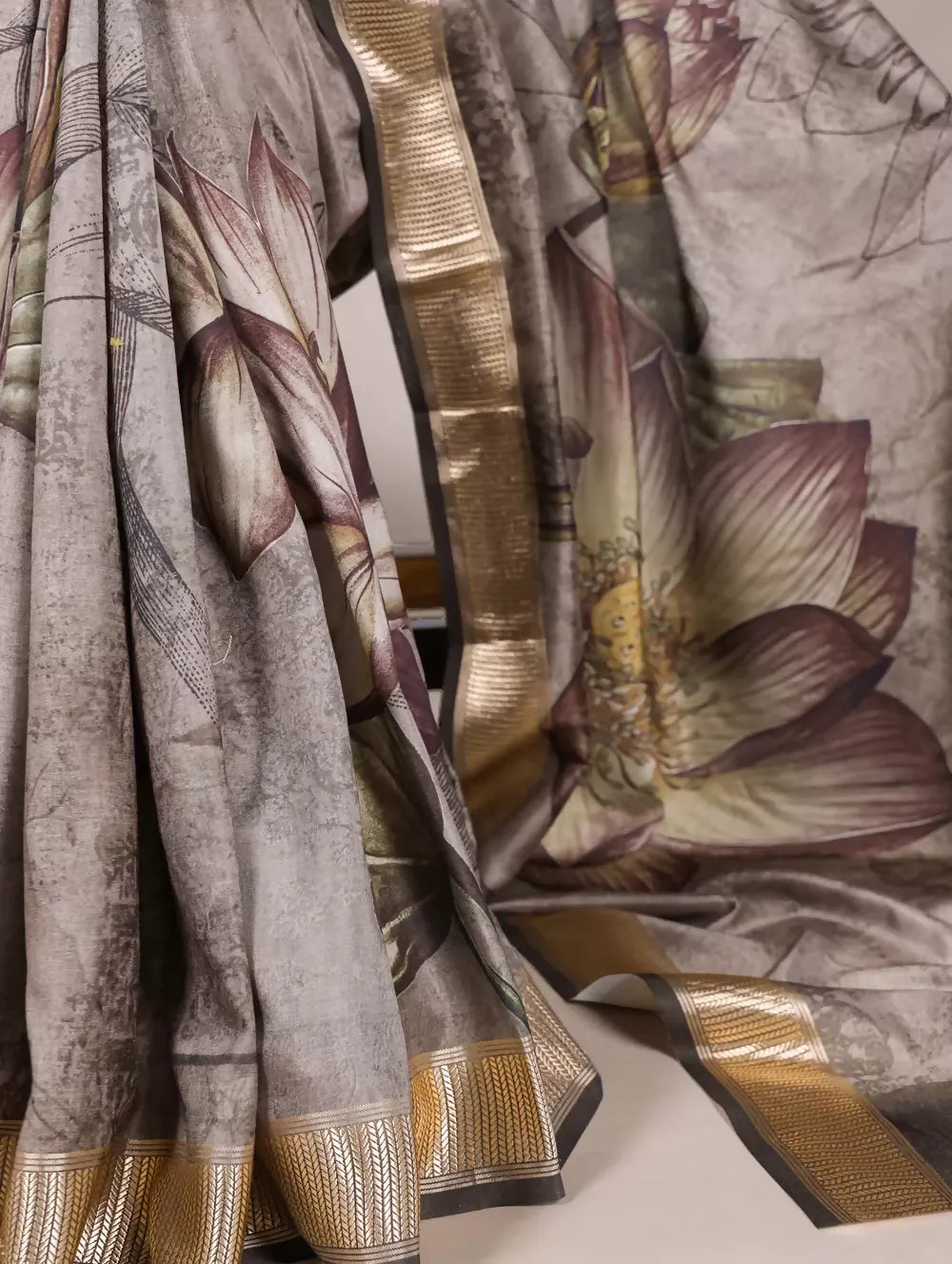Vastranavya Mehendi Tussar Silk Printed with Viscose Border Saree with Unstitched Blouse | Grocsy