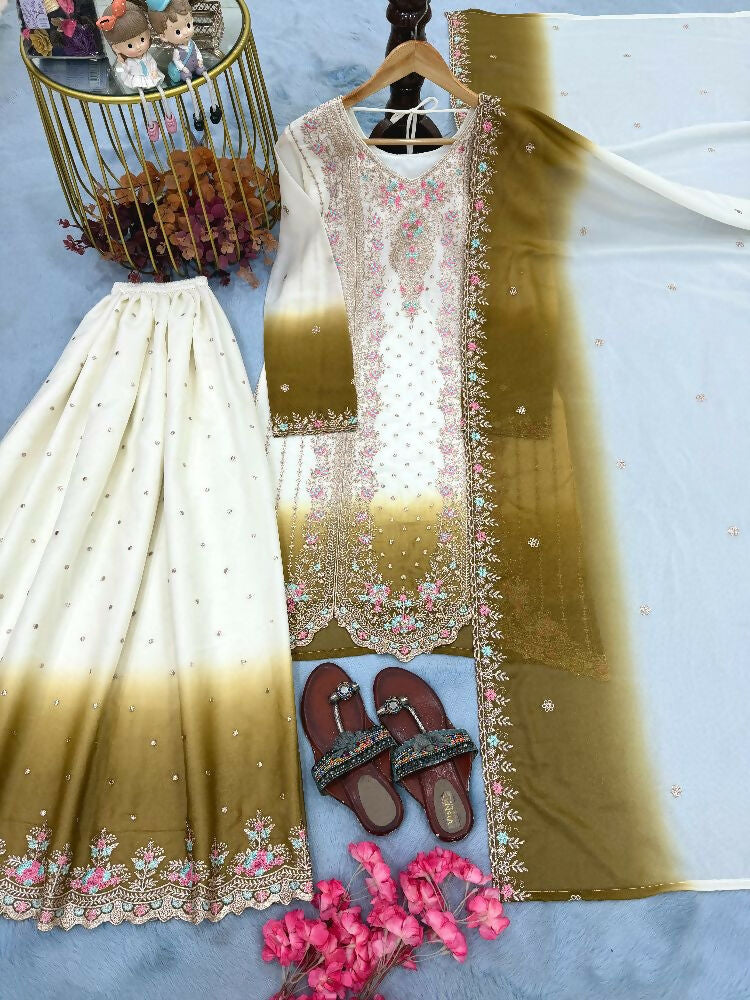 Teeya Creation New Trending Heavy Dual Tone Peding Star Georgette Mehendi Kurta Set | Grocsy