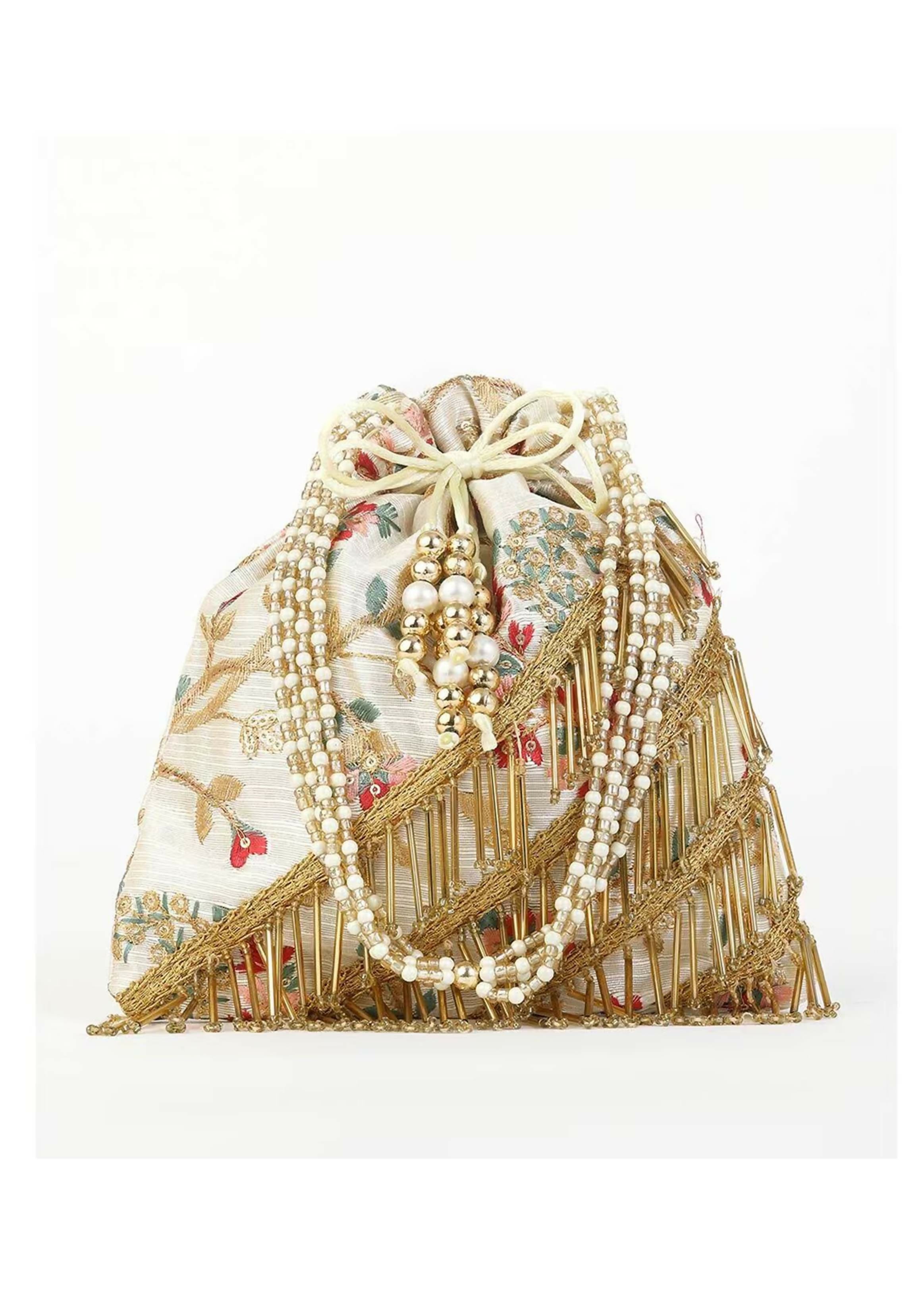 Joban Fashion Embroidered Potli Clutch With Pearl Strap - Multicolor | Grocsy