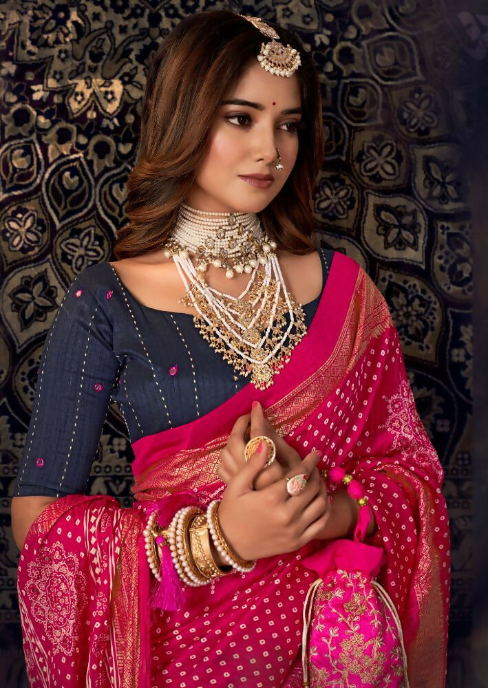 Joban Fashion Rani Dola Silk Foil Print Zari Border Work Saree | Grocsy