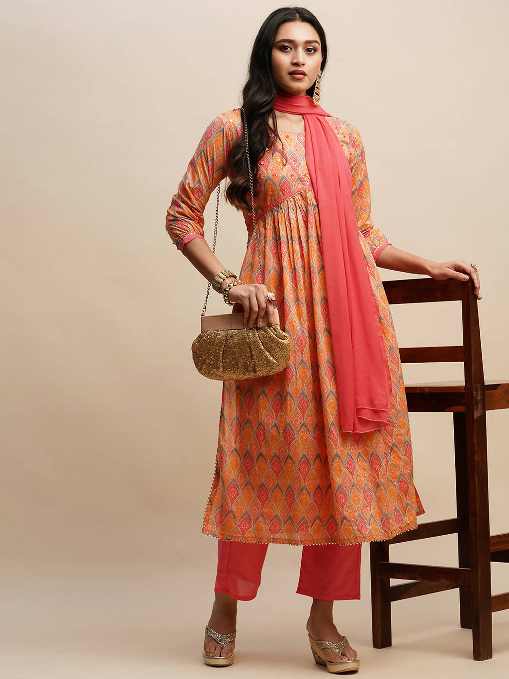 Orange Pure Cotton Bandhani Printed Naira Cut Kurta And Bottom With Dupatta - Akashara | Grocsy