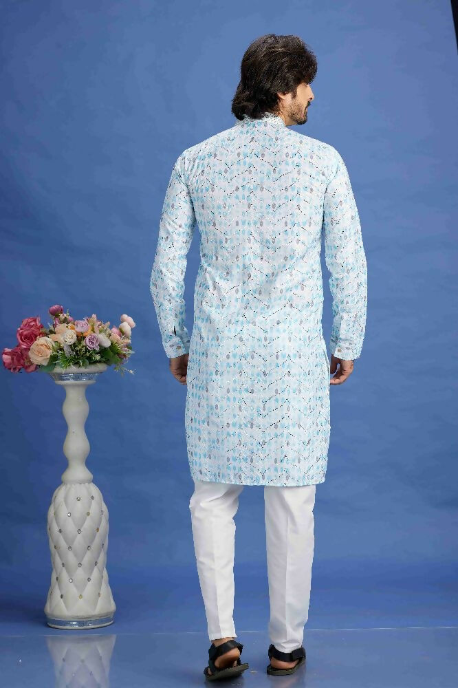 Raivat Ethnic Cotton Embroidery Kurta Pajama In Sky Blue Colour | Grocsy