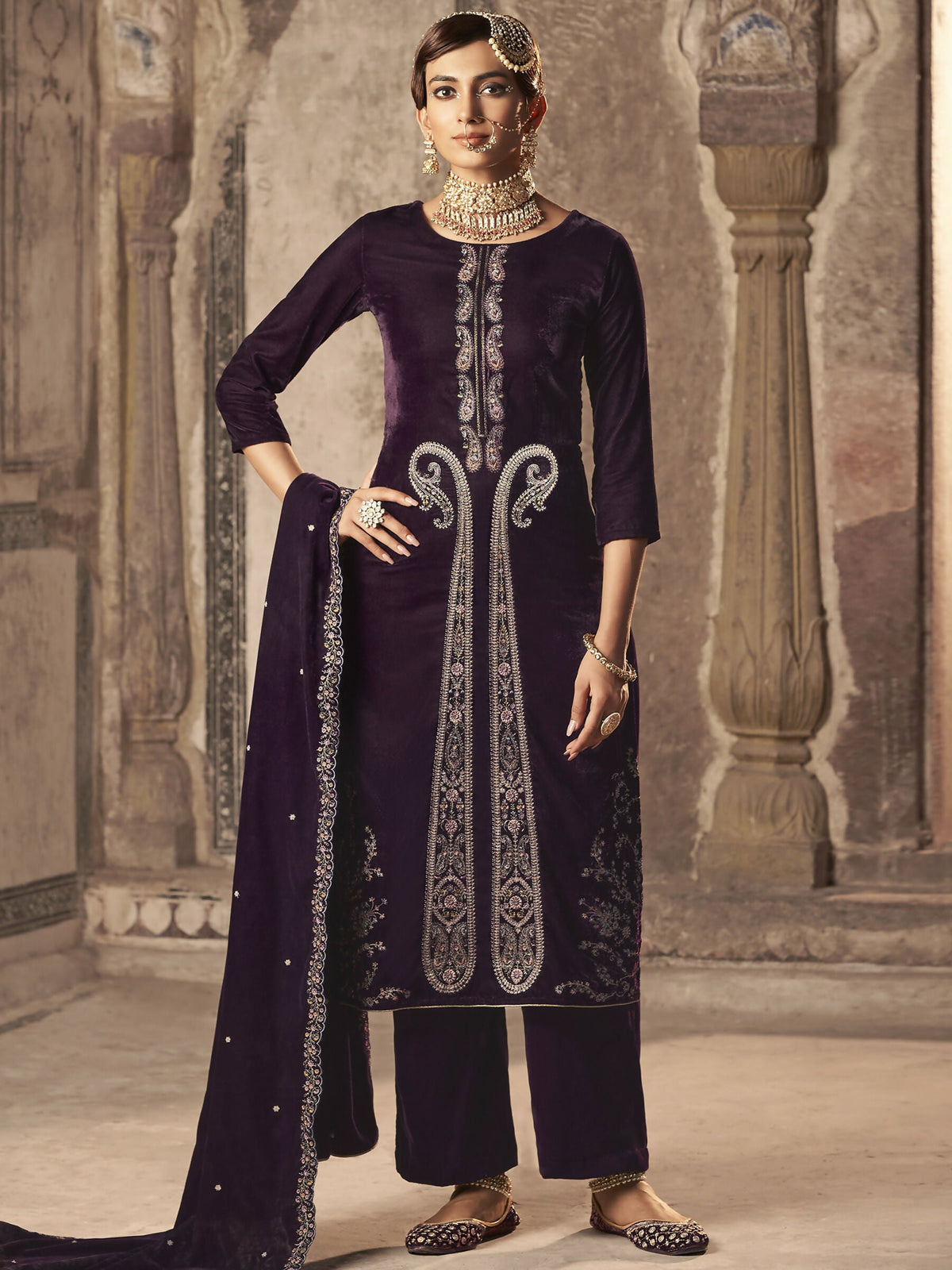 Jyoti Fashion Women's Wine Velvet Floral Resham Thread with Jari work Kurta with Trouser & Dupatta | Grocsy