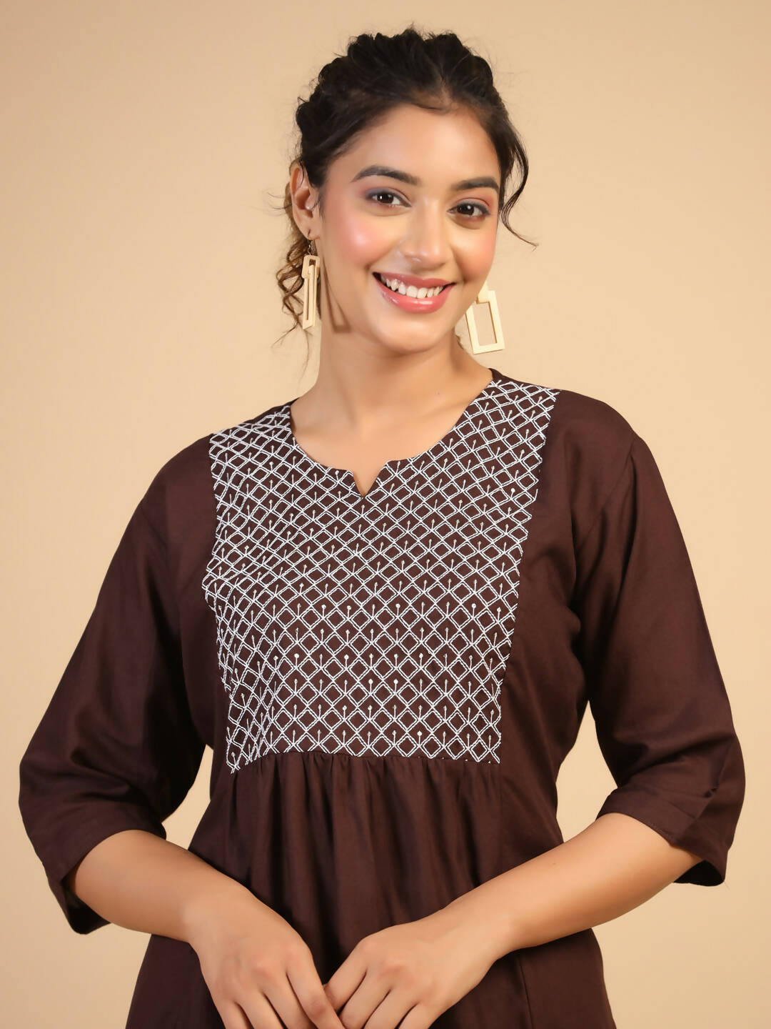 Womens Brown Rayon Yoke Embroidered Top - Keeva | Grocsy