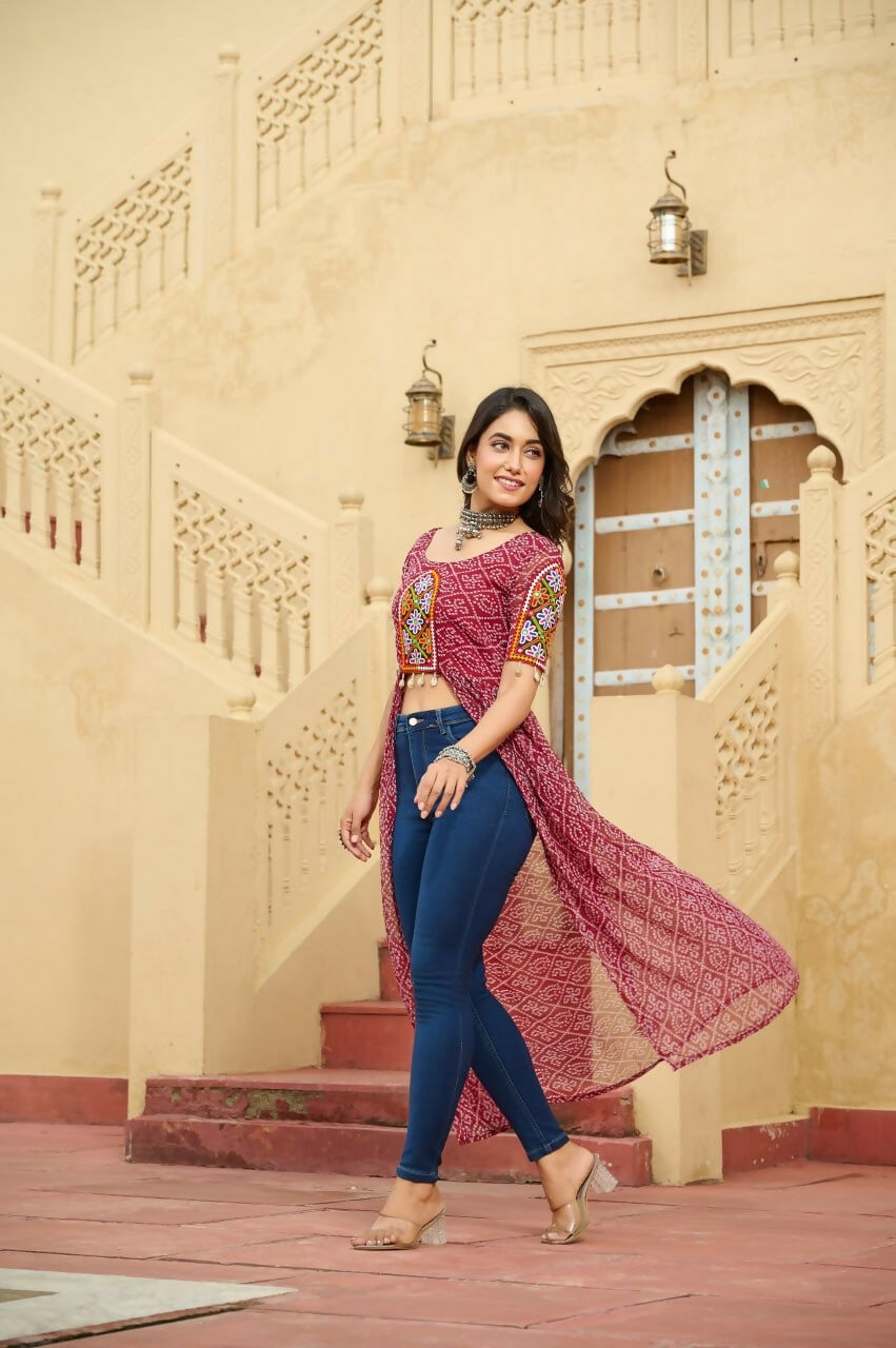 Vastranavya Maroon Navratri Special Kutchi Patch Work with Bandhani Printed Faux Georgette Kurti | Grocsy