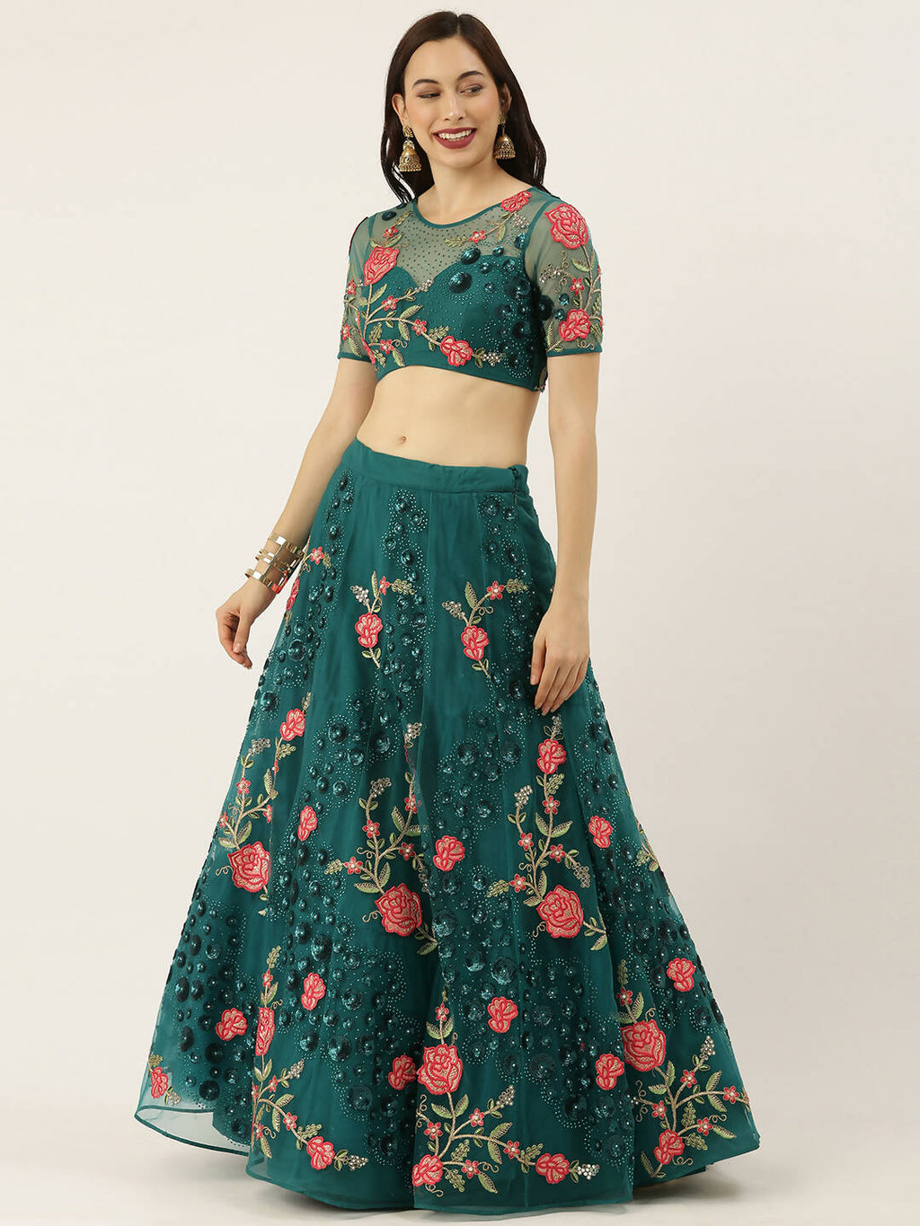 House of Panchhi Teal Net Semi stitched Coding, Sequins and Saroski Stone Work Lehenga Choli | Grocsy