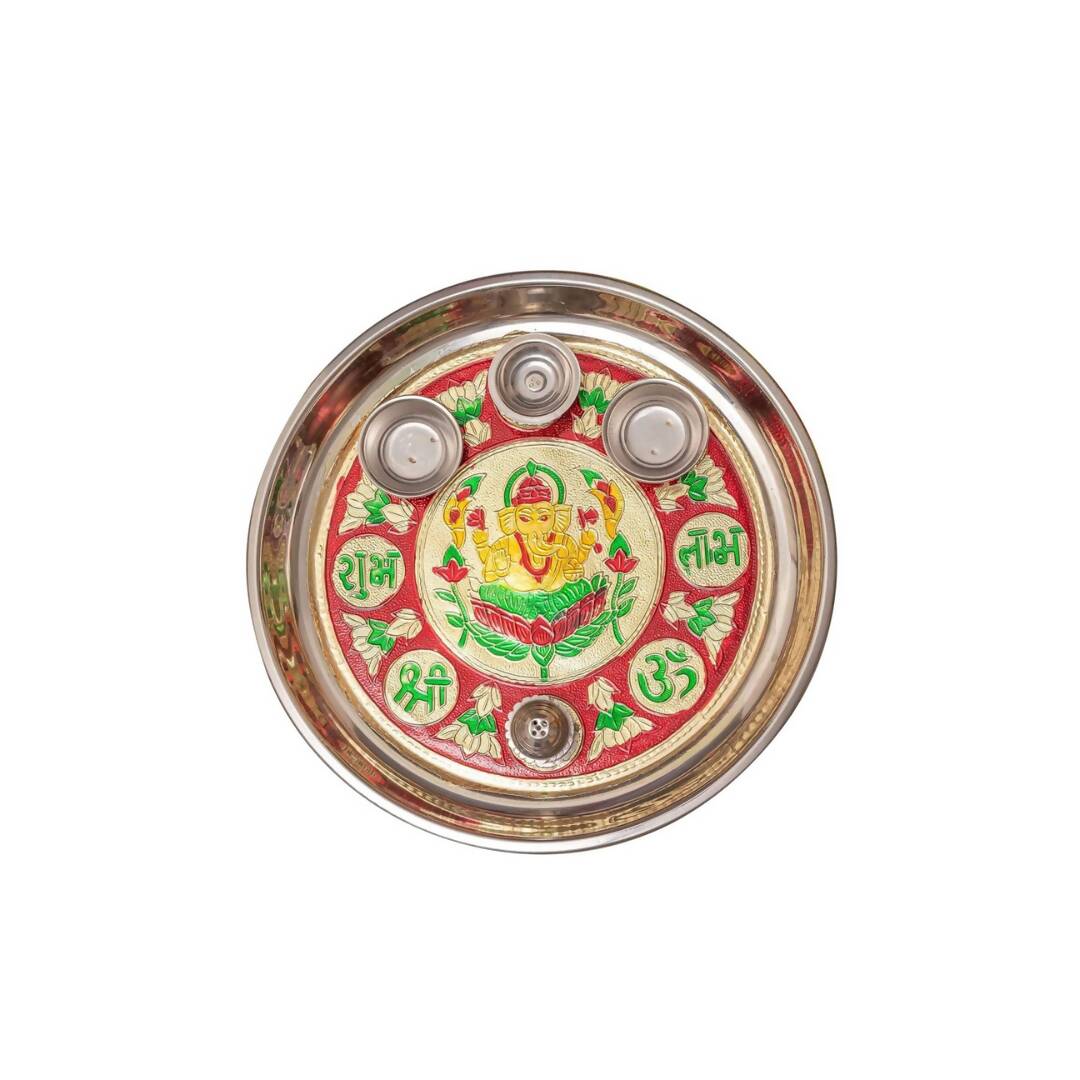 Tied Ribbons Red & Green Printed Pooja Thali With Attached Incense Diya Tilak Holder | Grocsy