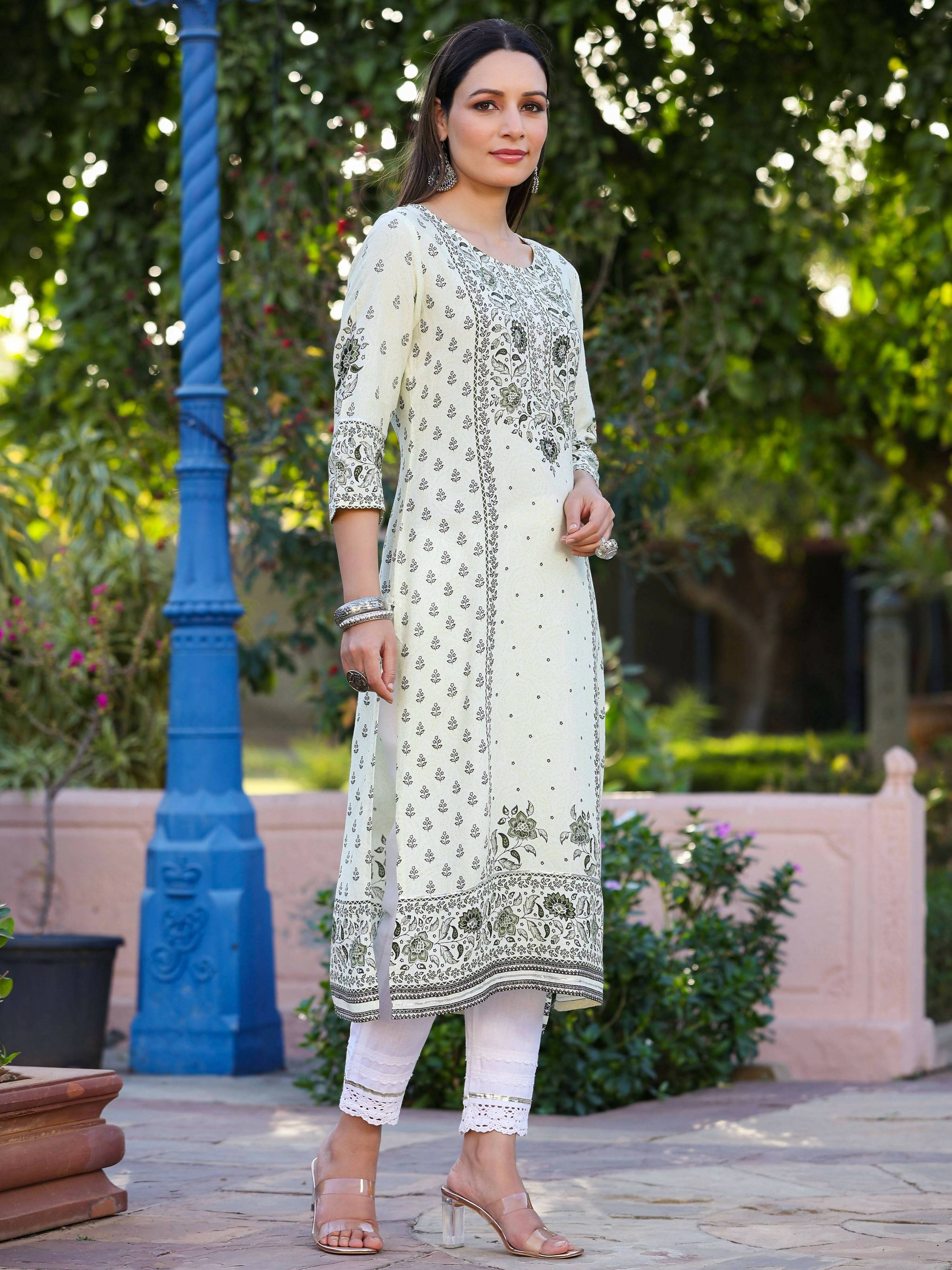 Juniper Women's Green Rayon Staple Kalamkari Floral Placement Printed Kurta | Grocsy