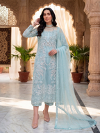 Teeya Creation Womens New Soft Net With Heavy Embroiedery With Sequence Work Sky-Blue Kurta Set | Grocsy