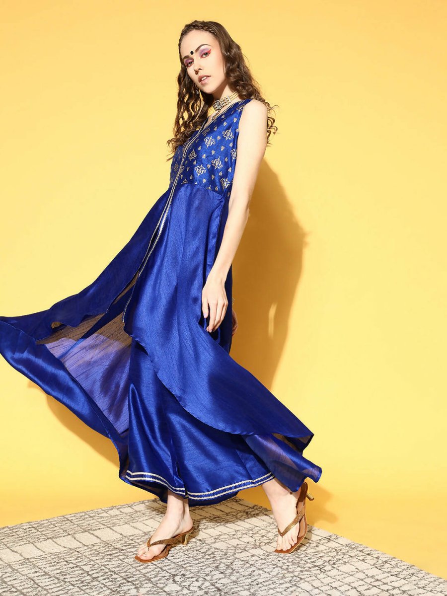 Ahalyaa Women Royal Blue Colour Poly Silk Printed Kurta Palazzo Set | Grocsy