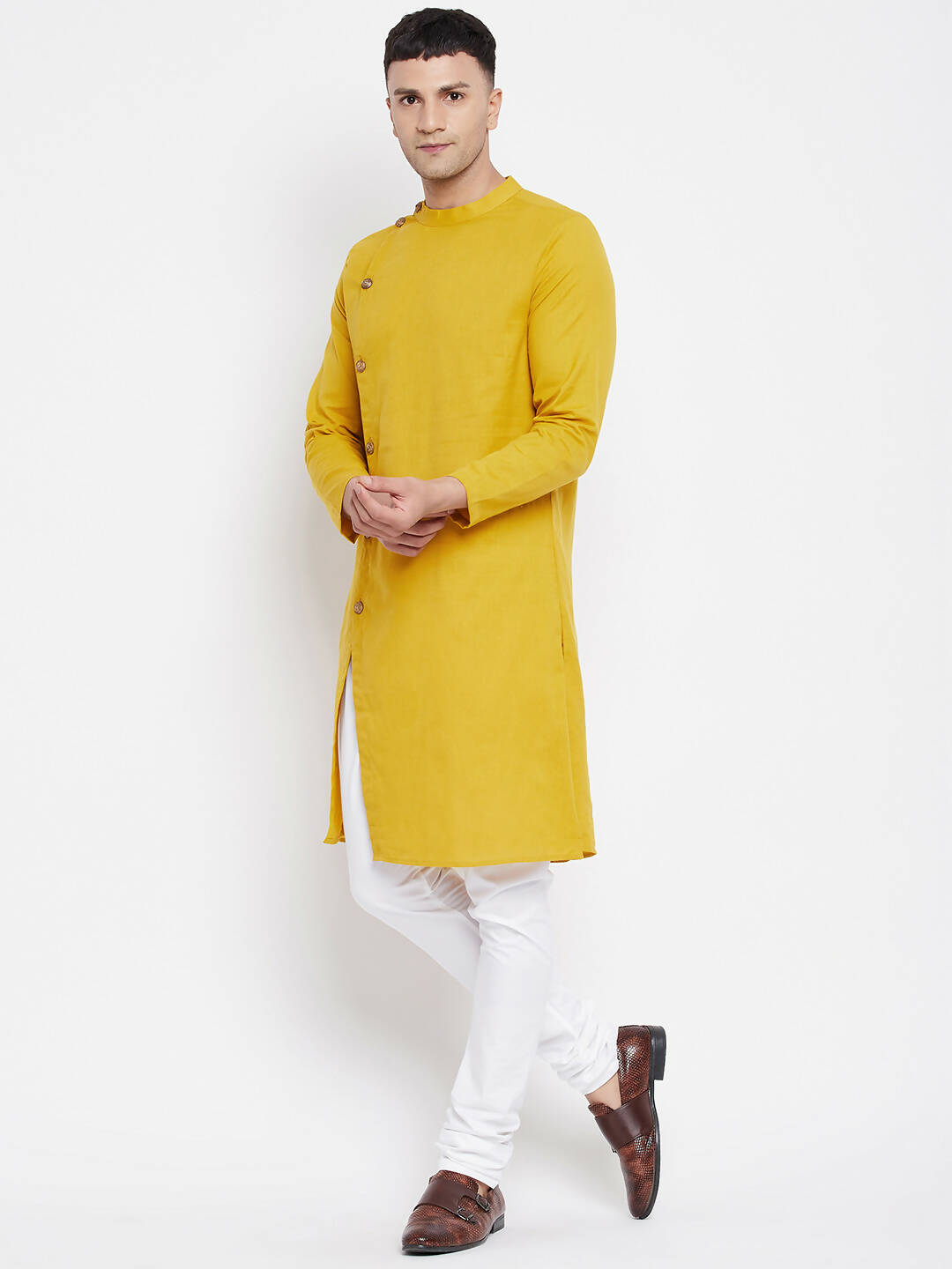 Even Apparels Yellow Pure Cotton Men's Sherwani Kurta With Asymetrical Cut | Grocsy
