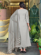 The52 Grey Women's Gorgeous Chinon Viscose Fabric Embroidered Work Straight Kurta Pant and Dupatta Set | Grocsy