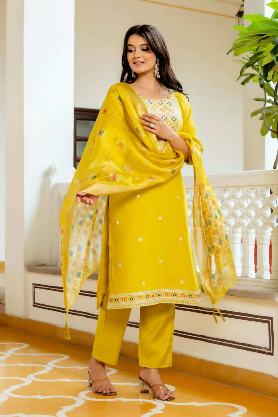 The52 Yellow Women's Beautiful Embroidered Viscose Shimmer Fabric with Straight Kurta, Pant and Dupatta Set | Grocsy