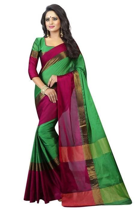 Vamika Green and Parrot Pink Cotton Silk Weaving Saree (Shreeji Parrot Pink) | Grocsy
