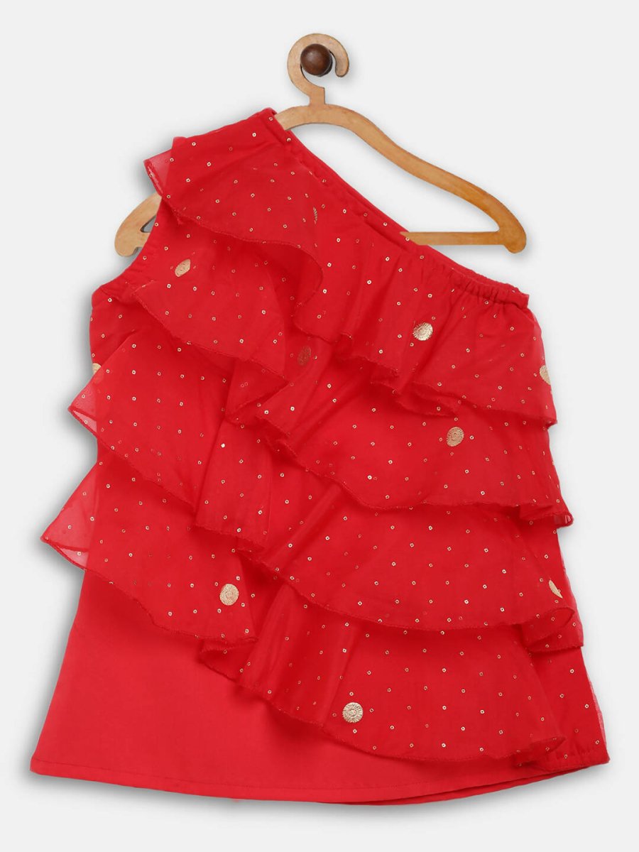 Ahalyaa Red Georgette Ruffel Kids Top With Bottom For Girls | Grocsy
