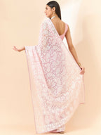 Purple Organza Paisely Embroidered Saree with Unstitched Blouse Piece - Roozal | Grocsy