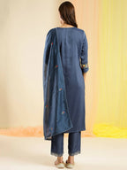 Blue Chinon Embroidered Straight Kurta with Trouser & Dupatta - Salimar | Grocsy