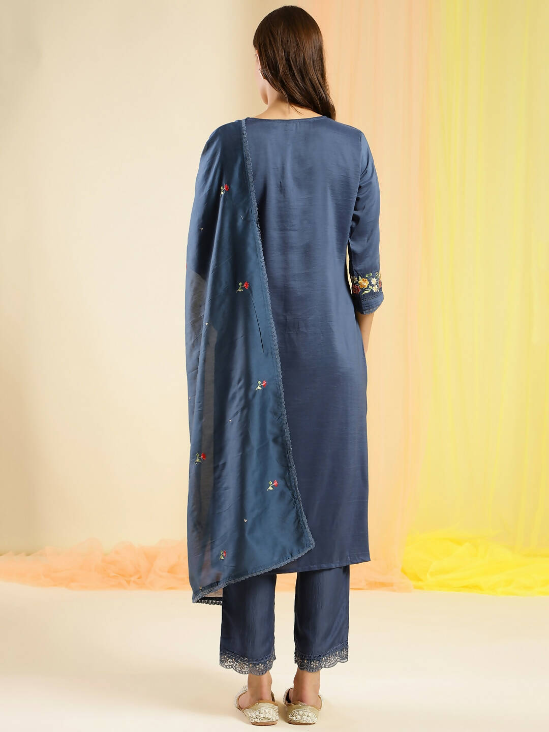 Blue Chinon Embroidered Straight Kurta with Trouser & Dupatta - Salimar | Grocsy