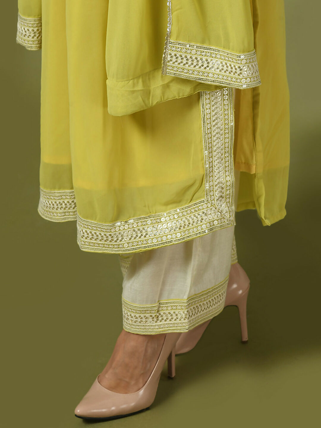 Myshka Women's Yellow Solid Georgette Anarkali Party Kurta Set With Dupatta | Grocsy