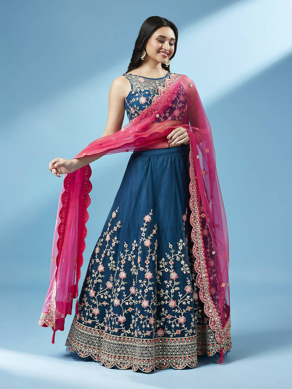 House of Panchhi Teal Net Semi stitched Coding and Mirror Work Lehenga Choli | Grocsy
