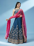 House of Panchhi Teal Net Semi stitched Coding and Mirror Work Lehenga Choli | Grocsy