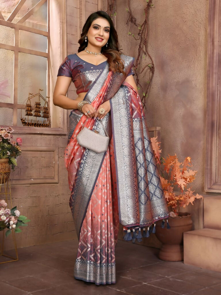 Anaita Peach kochi Silk With Beautiful Checks Weaving Saree With Blouse | Grocsy