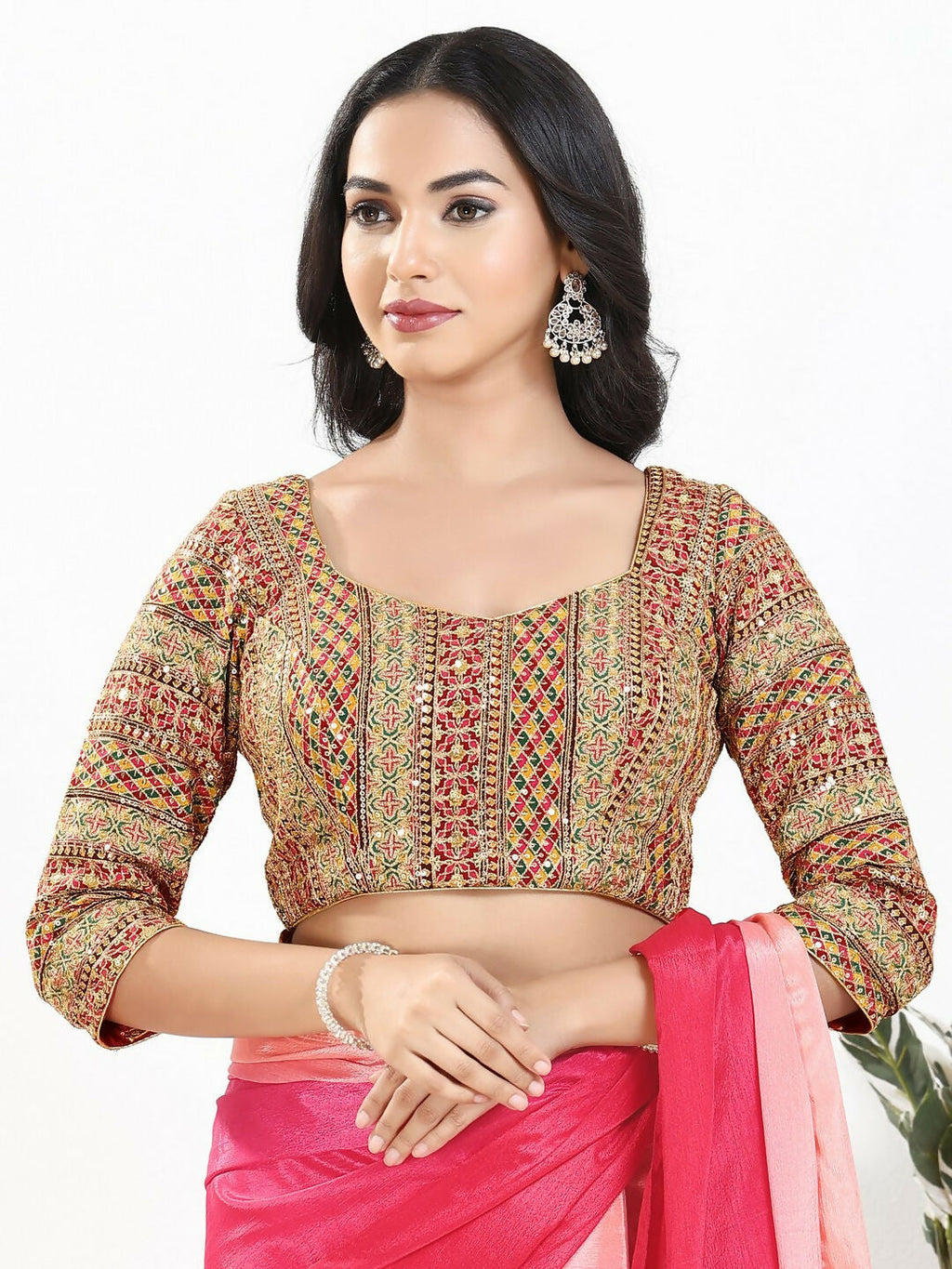 Joban Fashion Pink Multi Silk Padded Blouse With Sweetheart Neck 3/4 Sleeves | Grocsy