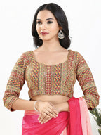 Joban Fashion Pink Multi Silk Padded Blouse With Sweetheart Neck 3/4 Sleeves | Grocsy