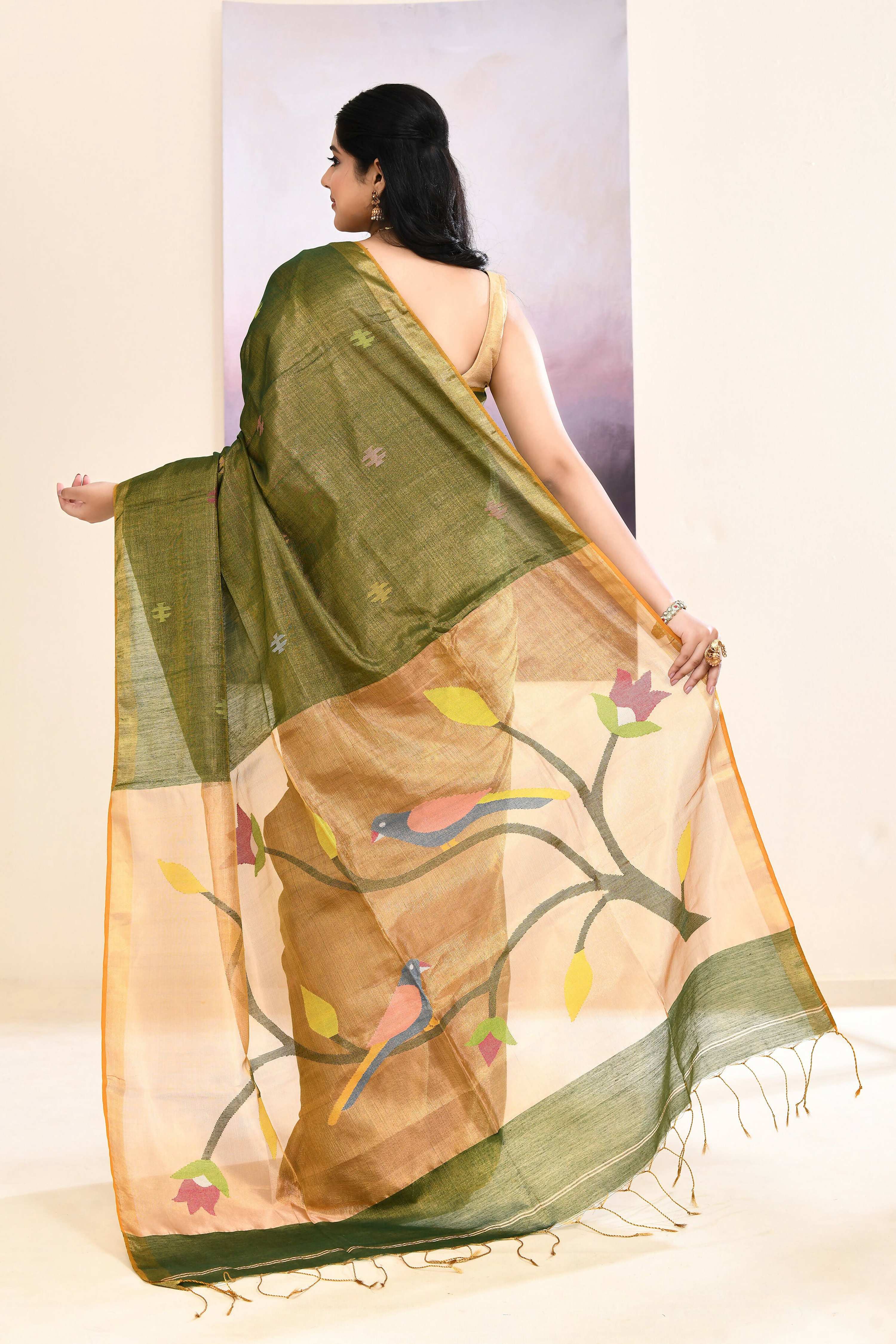 Piyari Fashion Women's Moss Green Embellished Tissue Jamdani Saree | Grocsy