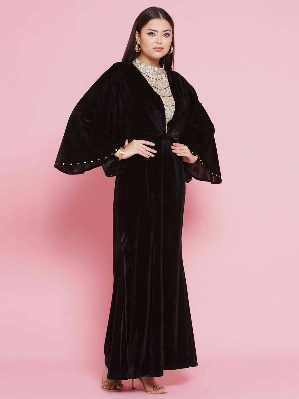 Women Republic Black Velvet Embellished Gown | Grocsy