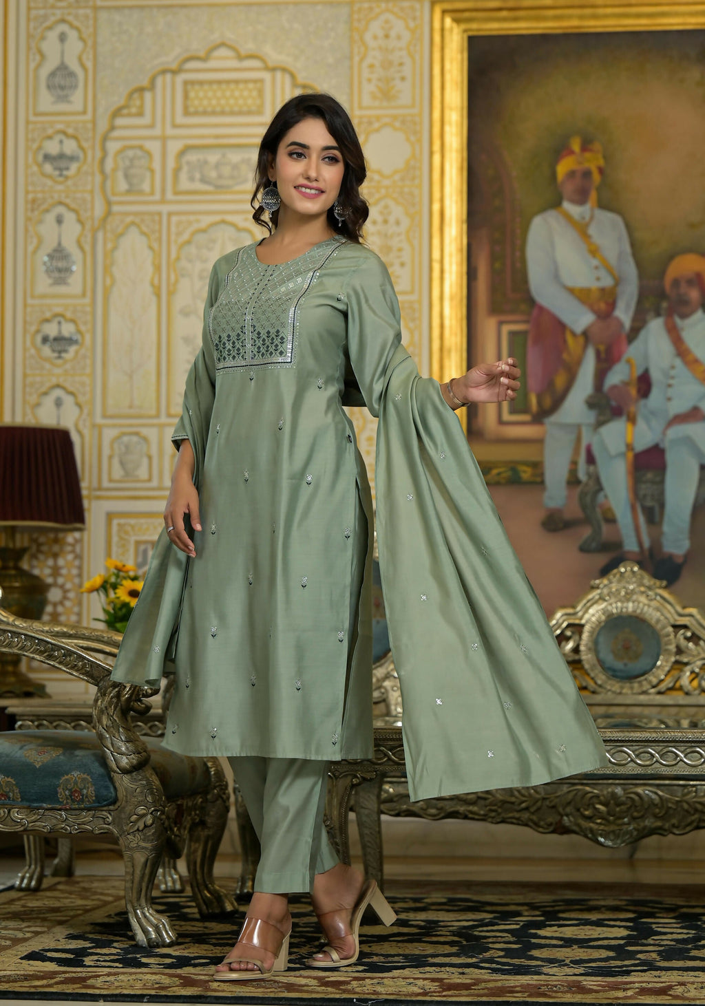 Juniper Women's Mint Viscose Zari & Thread Embroidered Kurta Pant And Dupatta Set With Sequins | Grocsy