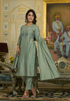 Juniper Women's Mint Viscose Zari & Thread Embroidered Kurta Pant And Dupatta Set With Sequins | Grocsy