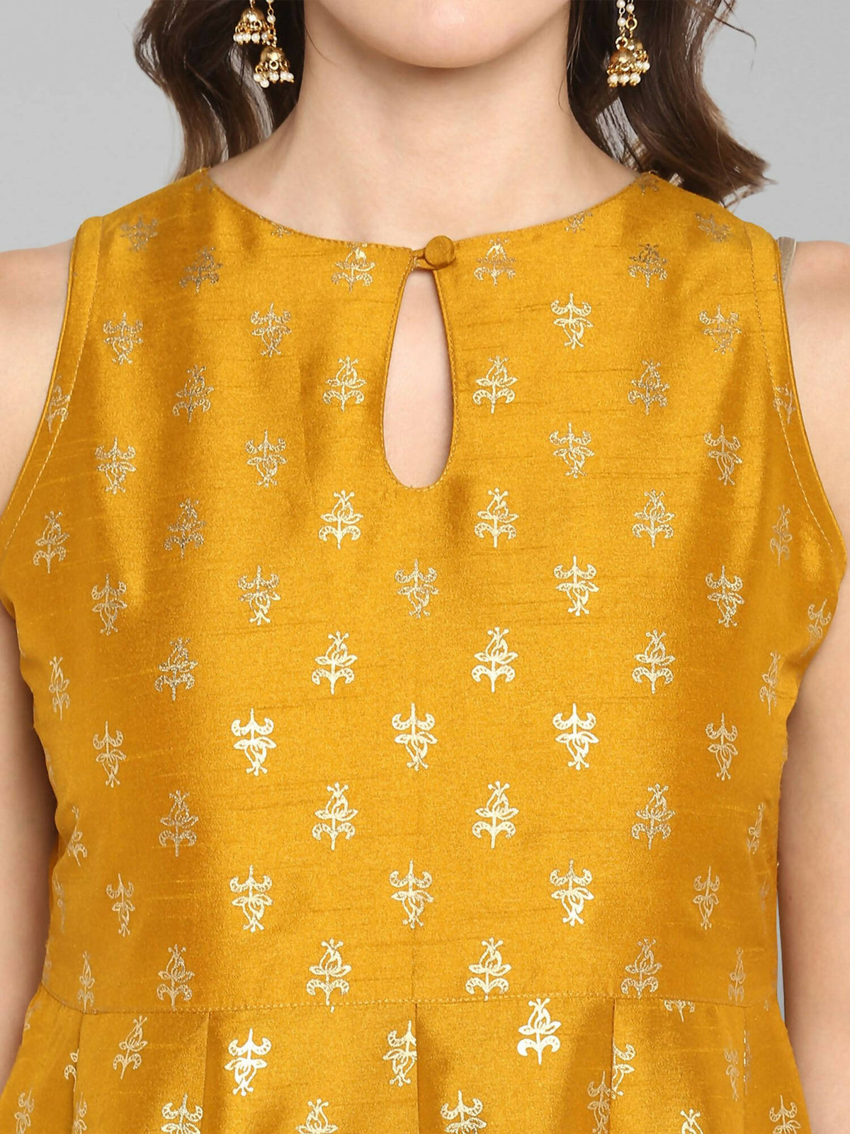 Janasya Women's Mustard Rayon Foil Print Kurti With Palazzo | Grocsy