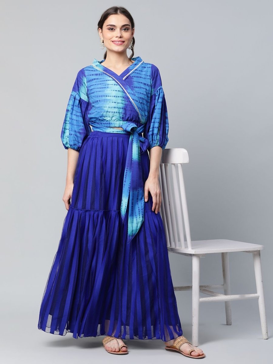 Ahalyaa Women Stunning Blue Crepe Printed Top with Skirt | Grocsy