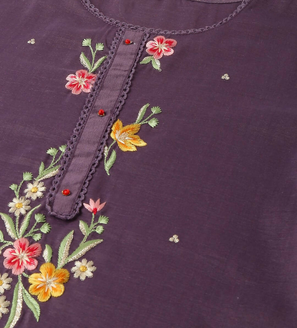 Wine Chinon Embroidered Straight Kurta with Trouser & Dupatta - Salimar | Grocsy