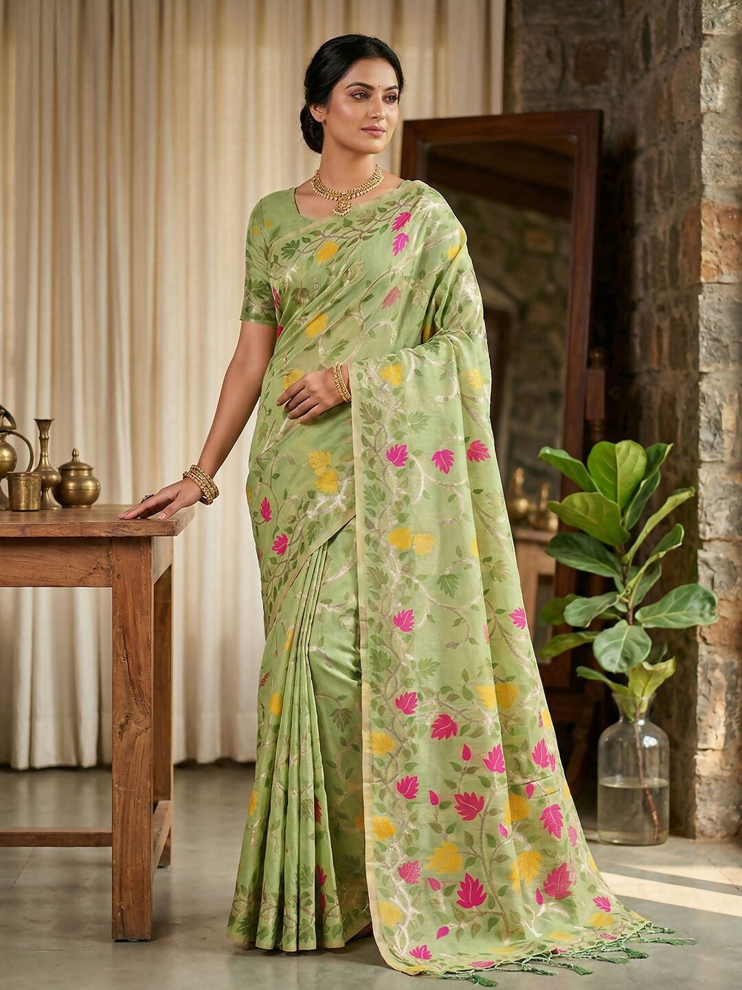 Shree Shyam Fashion Green Linen Cotton Saree | Grocsy