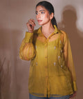 Timaraa Olive Glow Organza Hand-Embellished Shirt | Grocsy