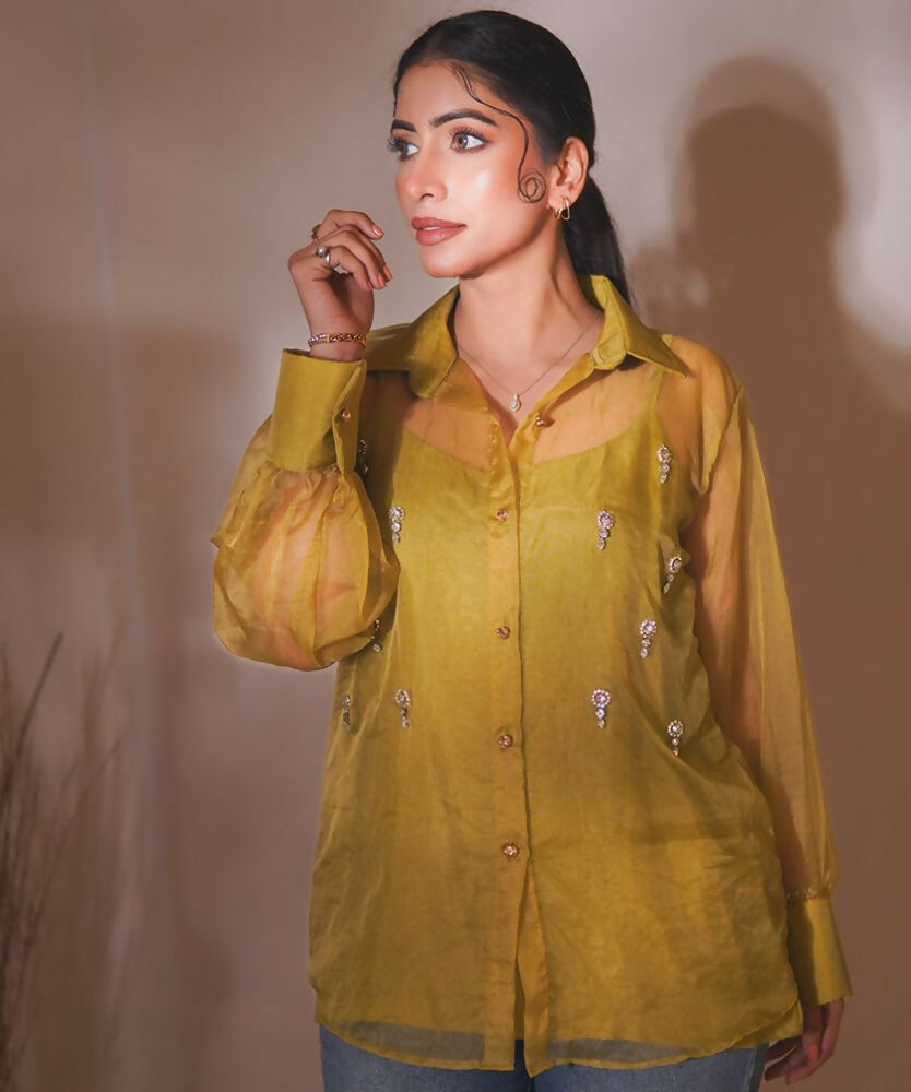 Timaraa Olive Glow Organza Hand-Embellished Shirt | Grocsy
