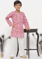 Little Bansi Boys Cotton Block Print Floral Kurta with Pearl Buttons & Pyjama in Pink & Cream | Grocsy